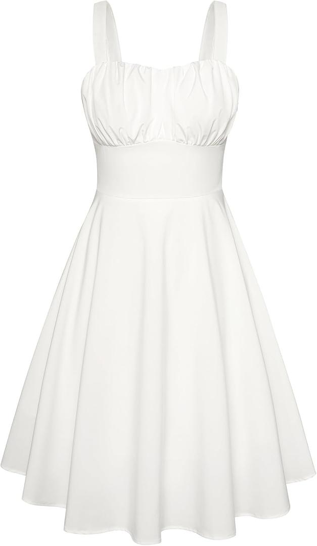 Belle Poque Women's Vintage Sleeveless Solid Floral Ruched Summer Cute A-Line Flowy Swing Midi Dress (Medium, White)