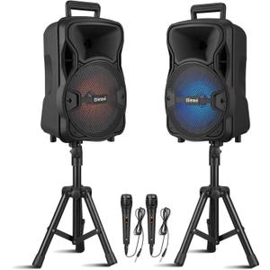Elimavi Portable Dual 8-Inch PA System DJ Speaker with Stands, Wireless Karaoke Sound System for Indoor Outdoor Events, TWS/AUX/USB Black