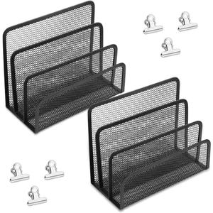 Desk Mail Organizer, 2 Pack Metal Mesh Small File Holders with 6 Metal Clips Letter Organiser Countertop with 3-Slot, Office Mail Sorter Organizer for Bill Paper Folder Document (Black)