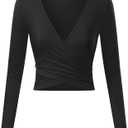 VETIOR Women's Sexy Deep V Neck Short Sleeve Unique Slim Fit Cross Wrap Shirts Crop Tops Going Out Tops (Large, Black-2)