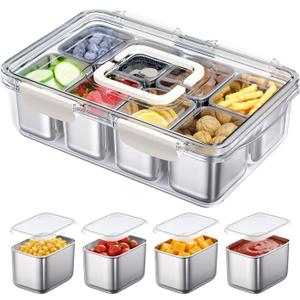 Snackle Box Container, 304 Stainless Steel Divided Serving Tray with Lid and Handle, Portable 8 Compartments Veggie Tray for Fruits,Veggies,Nuts &Candy, Dishwasher Safe for Travel,Picnic,Beach&Parties