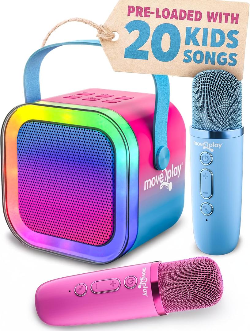 Move2Play, Karaoke Machine for Kids | Includes 20+ Kid Songs | 2 Microphones | Connect with Bluetooth | 3, 4, 5, 6, 7+ Year Old Gift | Toy for Girls, Boys, & Toddler | Birthday Present (Cotton Candy)