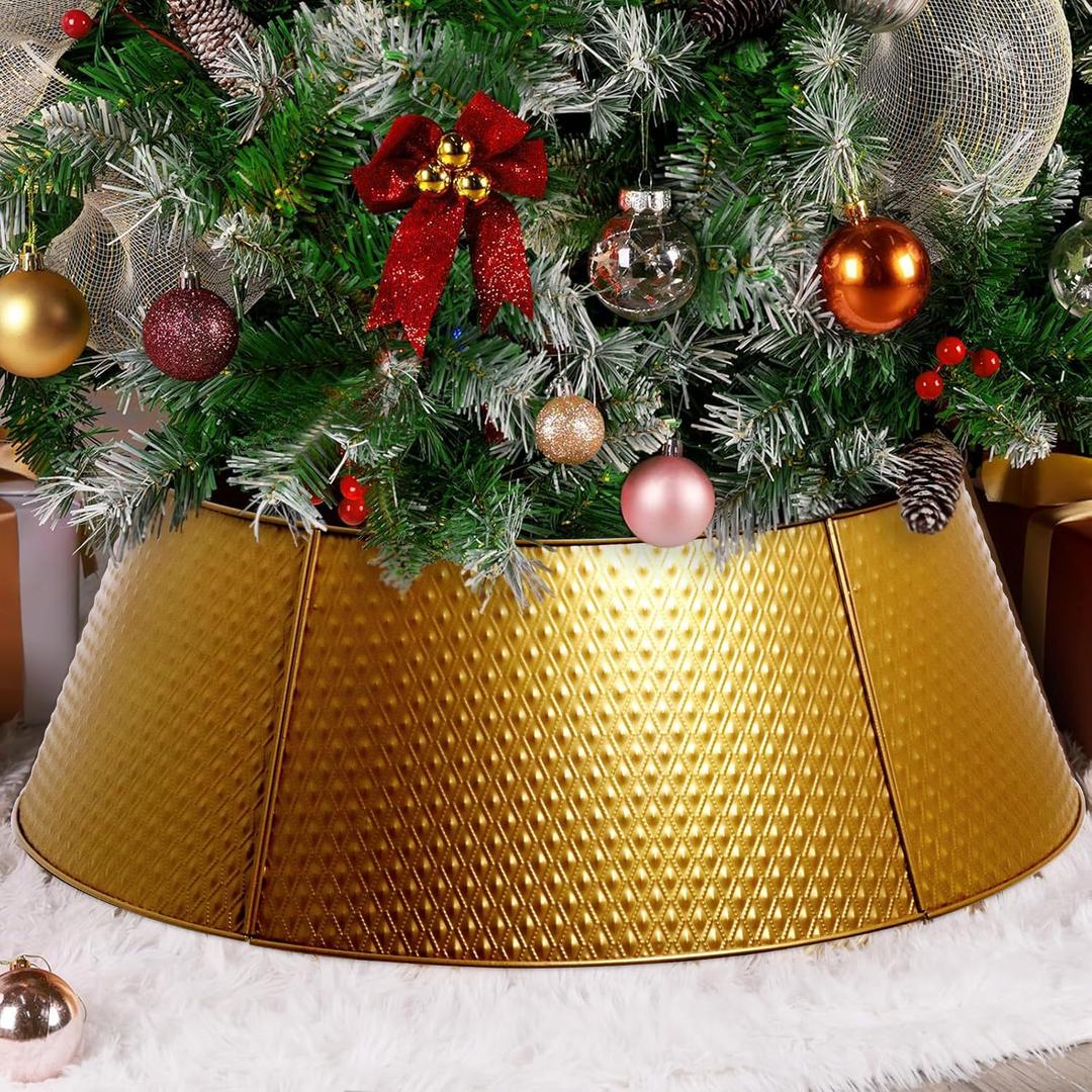 5-Panel Christmas Tree Collar- Gold Bubbles and Diamond grids Tree skirt-28 Base- Xmas Tree Base Cover-Metal Holiday Decoration-Water Base Protection from Pets,Skirt Decor (Golden)