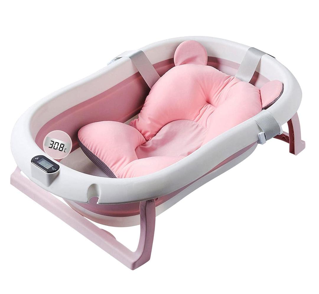 Foldable Baby Bath Tub,Newborn Baby Tub with Soft Bath Mat and Real Time Water Temperature Display(Pink Bath Tub + Bath Mat)