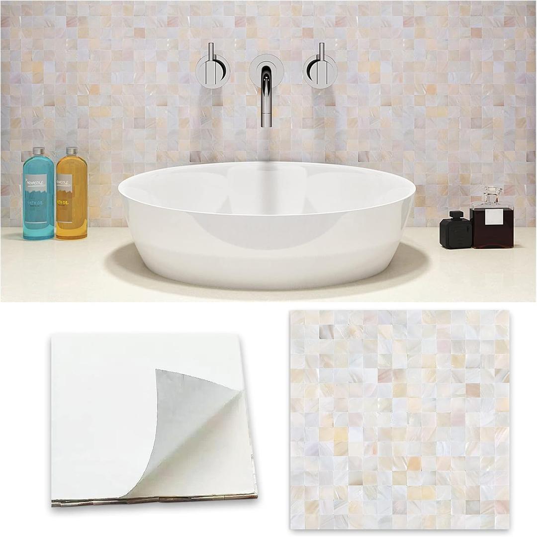 Peel and Stick Backsplash Mother of Pearl Tile, Yew & Tulip Self-Adhesive Natural Nacre Shell Seamless 12x12 Mosaic for Kitchen Backsplash Home Decor (Natural White, 10 Sheets/Box, 10 sq.ft.)