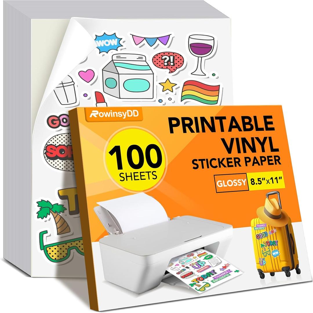 100 PCS Sticker Paper for Inkjet Printer, Printable Vinyl Sticker Paper Dries Quickly Vivid Colors, 8.5"x11" Tear Resistant Printable Vinyl, Glossy White, Inkjet & Laser Printer