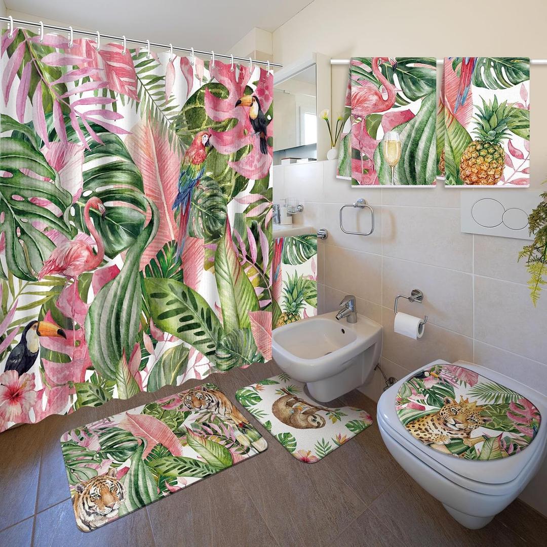 Nuanchu 6 Pcs Pink and Green Tropical Shower Curtain Set with Rug Monstera Palm Leaf Bathroom Sets with Shower Curtain Bath Mat U Shaped Mat Toilet Lid Cover 2 Bath Towels and 12 Hooks Bathroom Decor