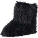 Women's Faux Fur Boots Furry Mid Calf Fur Boots Winter Warm Plush Surface Snow Boots Comfortable Outdoor Flat Shoes (Black)