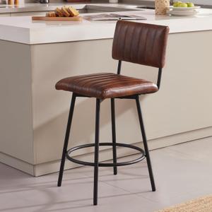 Swivel Counter Height Barstool with Back, Upholstered 26'' Counter Stool with Metal Frame, Channel Seat Back, Faux Leather Retro Brown