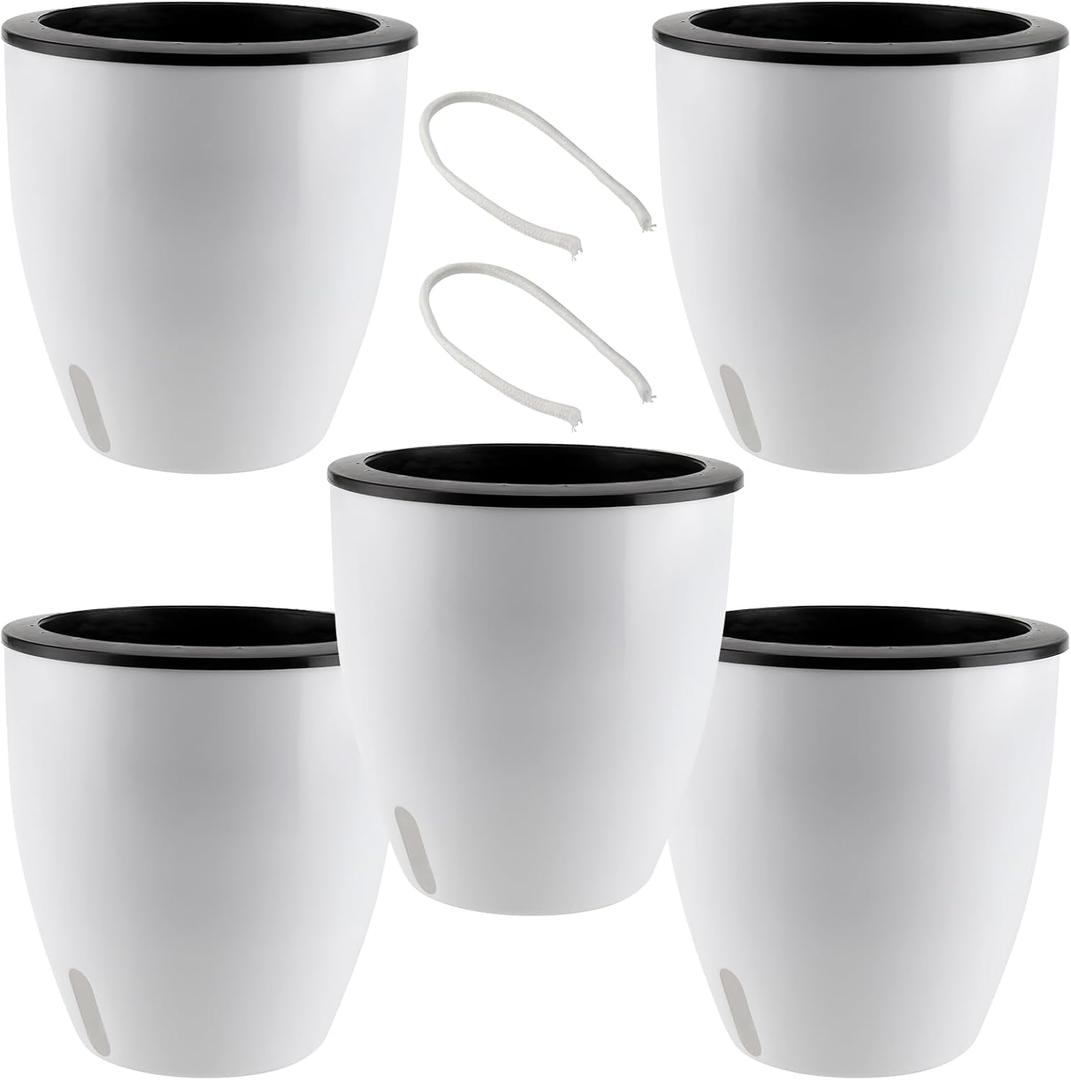 5 Pack 7 Inch Self Watering Plant Pots, White Plastic Self Watering Flower Pots with Visual Water Level Window, Self Watering Planter for Indoor Plants, Herb, African Violet, Succulent