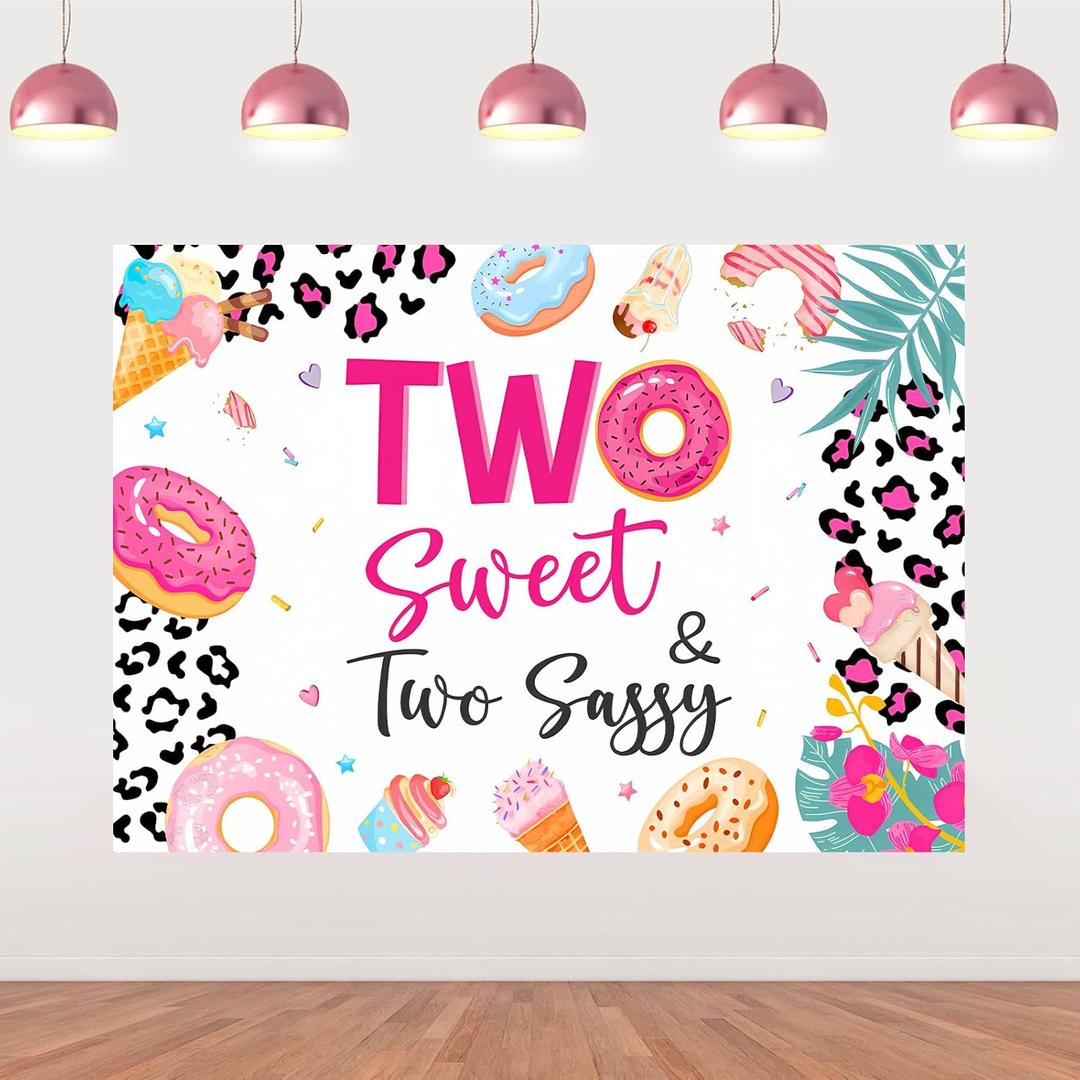Cheereveal 5x3ft Two Sweet and Two Sassy Backdrop, 2 Year Old Girl Donut Themed Happy Birthday Photography Background Photo Booth Props Decor, Dessert Ice Cream 2nd Birthday Party Supplies