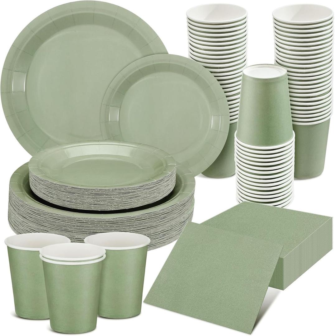 Dandat Sage Green Dinnerware Set - 200 Pcs, Includes 7'' & 9'' Paper Plates, Paper Cups, Napkins for Birthday, Baby Shower, Wedding Party