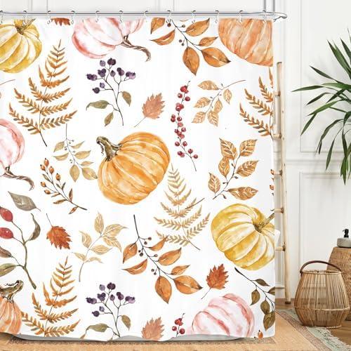 Miyotaa Pumpkin Autumn Fall Shower Curtain Set 60Wx71H Inches Maple Leaves Harvest Thanksgiving Watercolor Seasonal Waterproof Bathroom Curtain with 12 Hooks