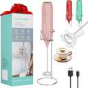 HAUSHOF Powerful Rechargeable Milk Frother Wand with Stand, Handheld Electric Foam Maker, Drink Mixer with Detachable Stainless Steel Whisk for Coffee Latte, Cappuccino, Matcha, Pink
