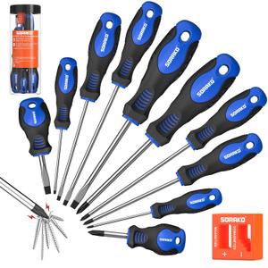 SORAKO 11-Piece Magnetic Screwdriver Set, 5 Phillips and 5 Slotted Tips, Include Magnetizer, Screwdriver with Professional Non-Slip Grip, for Home Repair and DIY ProjectsWith Case