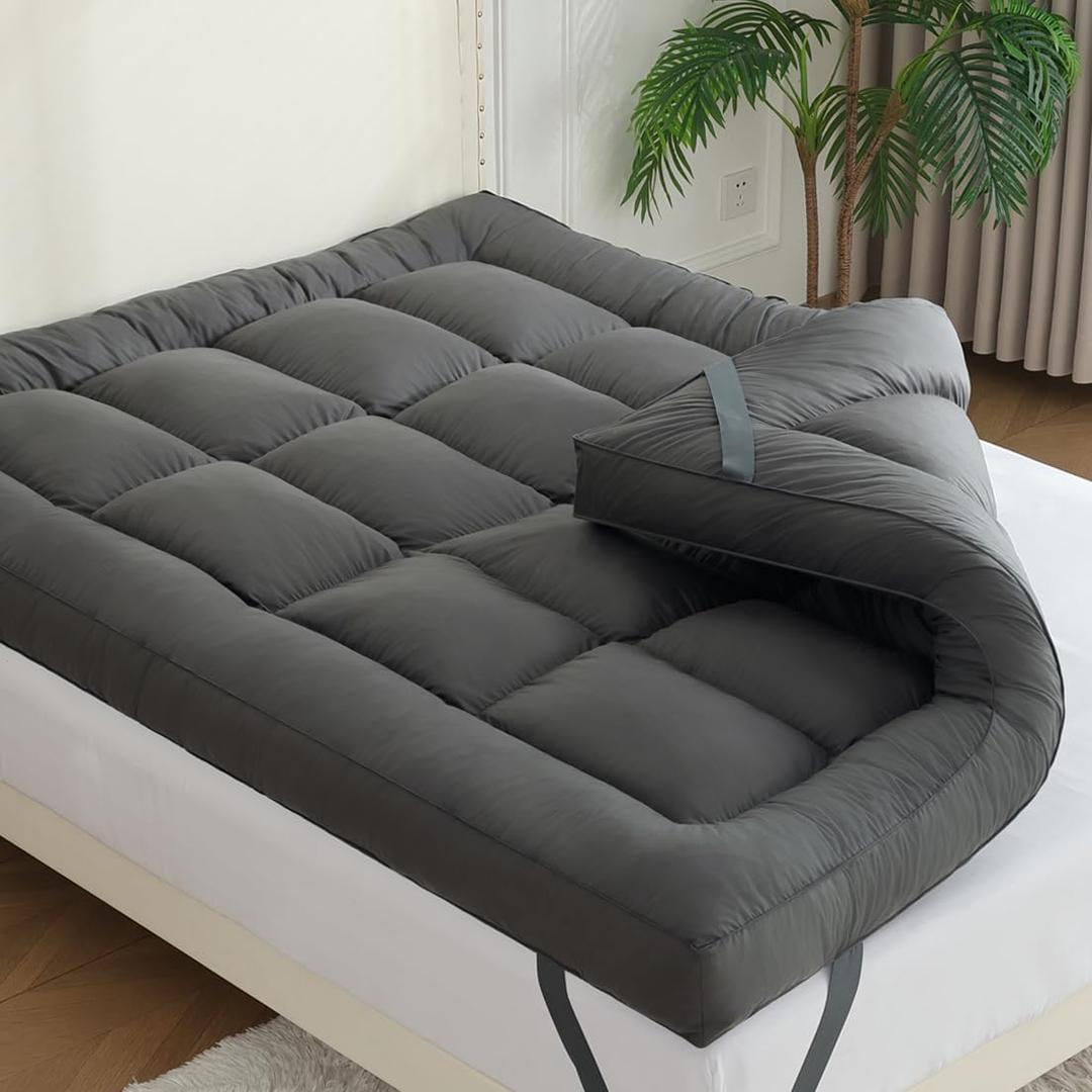 WhatsBedding 5 Inch Mattress Topper Queen Size, 4 Layer Goose Feather Bed Topper, Filled with Shredded Foam, 100% Cotton Mattress Pad Cover, CertiPUR-US Certified, Grey Color, 60x80 (Queen, Gray)
