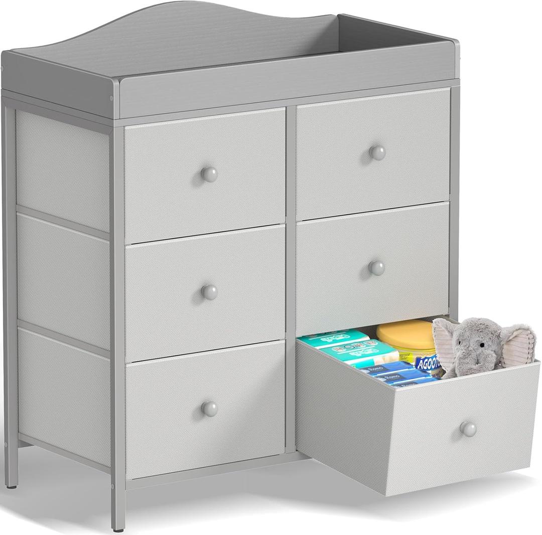 BOLUO Changing Table Dresser with 6 Fabric Drawers, Baby Dresser with Changing Table Top Diaper Changing Station with Storage for Nursery Modern Grey