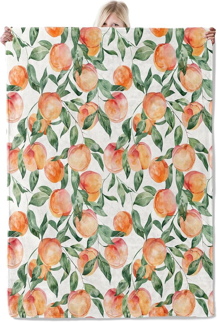Peach Blanket 50×60 Inch,Elegant Watercolor Fruit Lightweight Flannel Throw with Green Leaves on White Background,Summer Farmhouse Home Picnic Decor,Gifts for Girls,Women