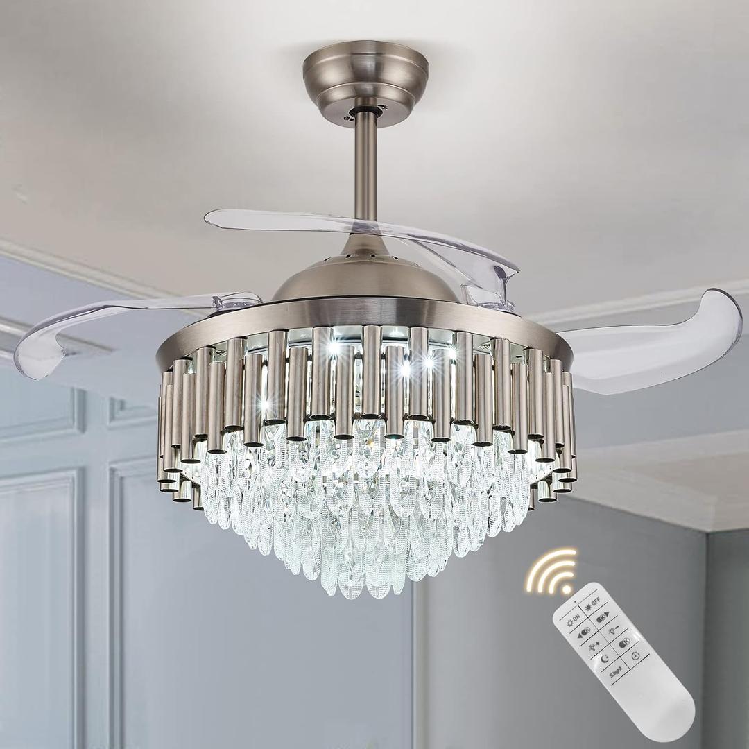42 Inches Invisible Crystal Ceiling Fan Chandelier, Modern Remote Control Crystal Ceiling Fan Lighting for Dinning Room Bedroom Living Room(Sand Nickel)