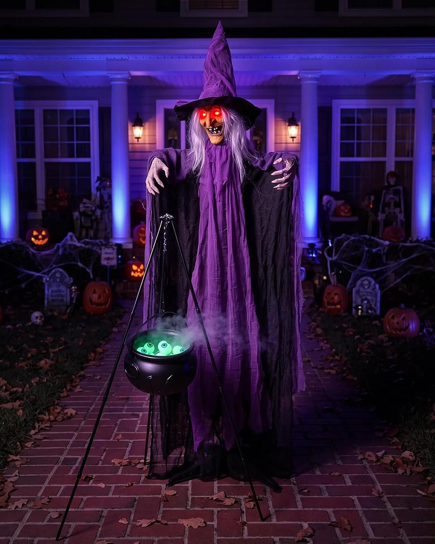 Outdoor Halloween Decorations Animatronics Witch with Witches Cauldron, Outdoor Halloween Decro, Life Size Sound Activated Props Scary Ghost for Haunted House Decorations Yard Lawn Decor (Green)