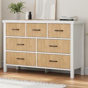 Fluted 7 Drawers Dresser for Bedroom, Modern Chest of Drawers with Metal Handles, Wood Storage Dresser with Deep Drawers for Living Room, Hallway (White & Oak)