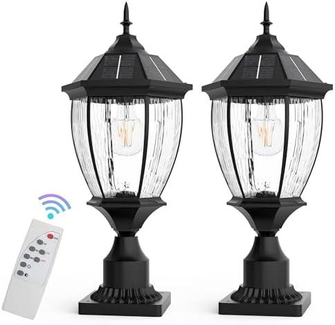 Jandov Solar Lamp Post Lights Outdoor with Remote, 20.8" Large Black Aluminum LED Solar Column Light with Pier Mount Base, Dusk to Dawn Waterproof Pole Lights for Pillar, Gate, Fence, Driveway(2 Pack)