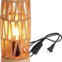 Bamboo Rattan Table Lamp for Living Room, Boho Handmade Woven Cylinder Lampshade Standing Lamp with Natural Wooden Base, Industrial Wicker Desk Light Decoration for Bedroom, Farmhouse