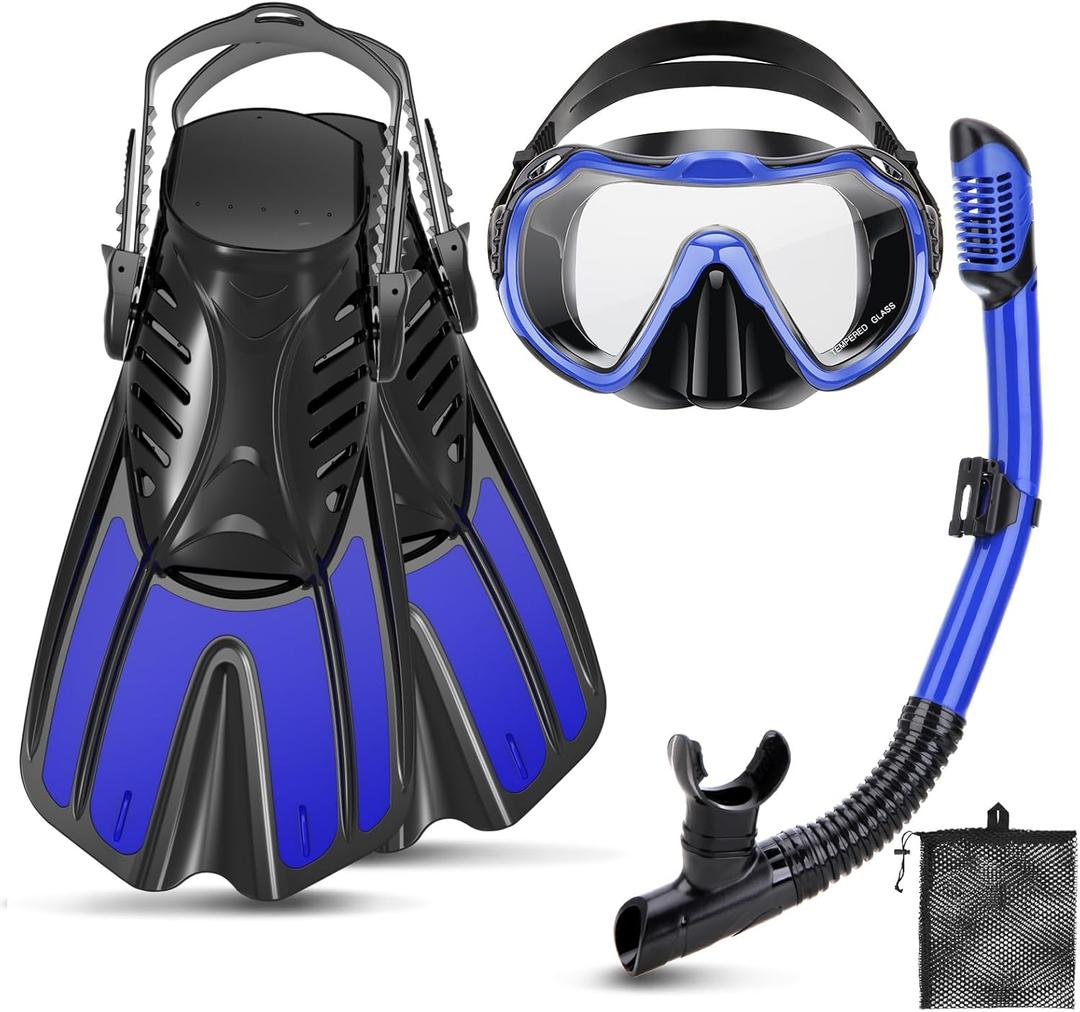 Snorkeling Gear for Adults, 4 in 1 Travel Size Mask Fins Snorkel Set with Panoramic View Anti Fog Mask, Dry Top Snorkel, Trek Fins and Travel Bag, Snorkel Gear for Swimming Diving Snorkeling (Blue)