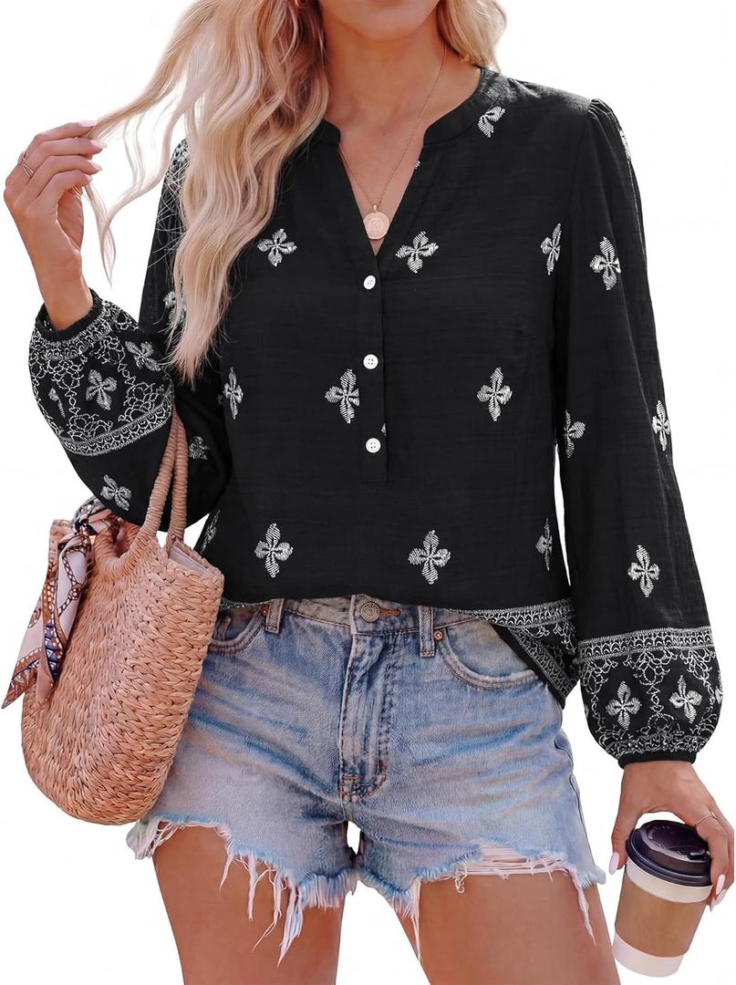 BTFBM Womens Tops Spring Casual Long Sleeve Shirts Button Up V Neck Bohemian Blouses Loose Tunics Vacation Outfits (M)
