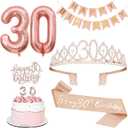 30th Birthday Decorations for Her, Including 30th Tiara and Sash, Happy Birthday Banner, Cake Toppers, Number Candles and Balloons Set, Rose Gold