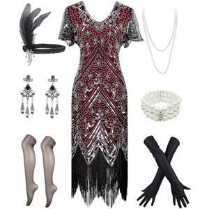 Women 1920s Sequin Beaded Tassels Hem Flapper Dress with 20s Headband Accessories Set. Size 3XL