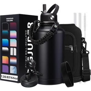 Insulated Water Bottle 64oz - w/Paracord Handle, Straw & Spout Lids, Carrier Bag, Half Gallon Sport Stainless Steel Water Flask Jug, Thermo Mug Double-wall Vacuum Water Bottle (Black)