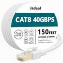 Cat8 Ethernet Cable 150 ft (45.72m), Outdoor&Indoor, Flat 40Gbps 2000MHz S/FTP Cable, Heavy Duty Internet Cord, UV Resistant Weatherproof Shielded RJ45 for Router, Modem, Switch, Gaming, PC, TV, White