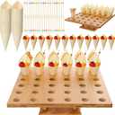 150pc Disposable Wooden Food Cones with 36 Holes Bamboo Ice Cream Cone Holder Display Stand and 150 Colorful Bamboo Stick for Restaurant Catered Events Party or Buffets Ice Cream Food Trucks