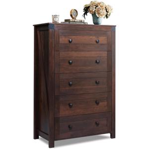 WLIVE Farmhouse Brown Dresser for Bedroom, 5 Drawer Dresser Storage Organizer, Tall Wood Dressers with Double Rustic Handle, Chest of Drawers for Living Room, Hallway, Closet