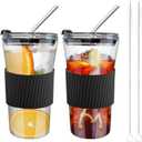 2 Pcs Iced Coffee Cups with Lids, 16 oz Glass Cups with Lids and Straws, Reusable Tumbler with Silicone Sleeve, Wide Mouth Can Shaped Drinking Glasses for Coffee Juice Water Smoothie (Black)