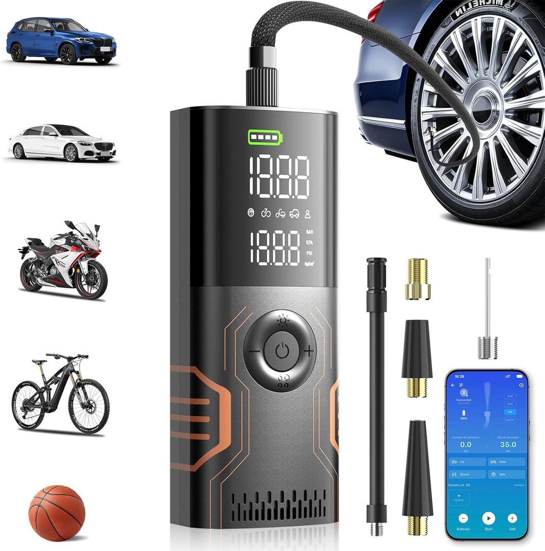 Tire Inflator Portable Air Compressor - Smart APP Air Pump for Car Tires, All-in-One Storage Portable Tire Pump for Car, 3X Speed & Automatic Stop Inflation, Cordless Tire Pump for Car, Motorcycle, Bicycle, Ball