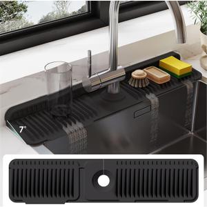24 Inch Silicone Faucet Mat for Kitchen Sink Splash Guard - 7 Slope Water Draining Mat With Fasten Button for Bathroom Area (Black, 24''x5.5'')