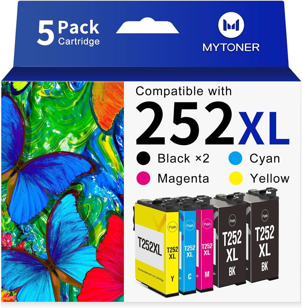 MYTONER Remanufactured Ink Cartridge Replacement for Epson 252XL Ink Cartridges for Workforce WF-3640 WF-3630 WF-3620 WF-7620 WF-7710 WF-7720 Printer 252 Ink (Black Cyan Magenta Yellow,5-Pack)