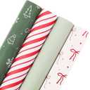 woric Christmas Wrapping Paper Jumbo Rolls Cute Sage Green White Bows Snowman and Red Stripes Design Gift Wrapping Paper for Holiday - 4 Rolls - 30 Inch x 120 Inch(10ft) Per Roll