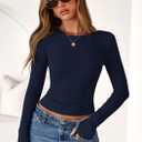 PRETTYGARDEN Women 2026 Fall Clothes Long Sleeve Shirts Ribbed Knit Fitted Basic Tee Going Out Tops Underscrub Casual Outfits (Blue, M)