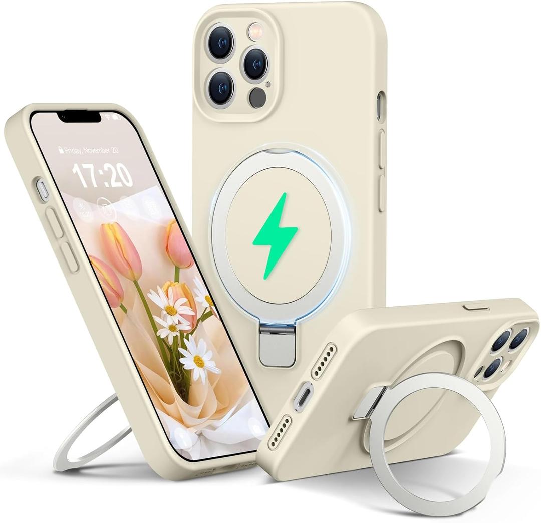 Liquid Silicone Case for iPhone 11 pro MAX with Magnetic Ring Stand, Upgraded Camera Lens Protection, Mil-Grade Drop Shockproof, Anti-Scratch Microfiber Lining Silicone Case (Beige)