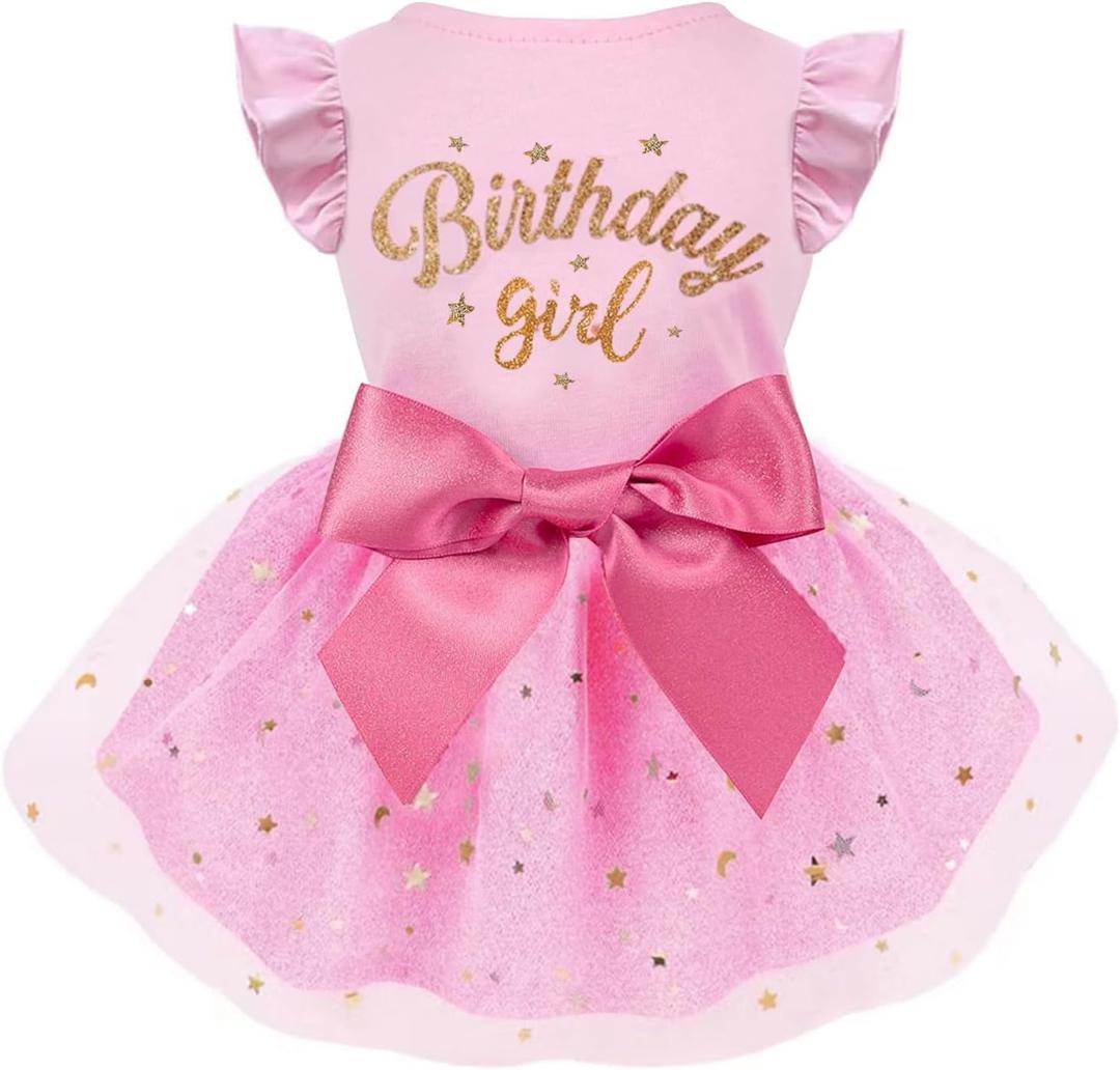 Dog Birthday Dress Tulle Dress with Big Bowknot Princess Birthday Outfit Girls Doggie Dresses Clothes for Small Dog Cats Pink L