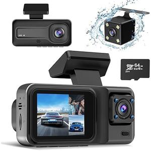4K 3 Channel Dash Cam with 64GB Card, 4K+1080P+1440P Dash Cam Front and Rear Inside, Dash Camera for Cars with, Loop Recording, Motion Detection, 24H Parking Mode, Super Night Vision