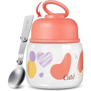 KTKUDY 17 oz Thermo for Hot Food - Stainless Steel Insulated Food Jar with Folding Spoon - Wide Mouth Soup Thermos for Kids & Adults - Thermal Lunch Container - Keeps Hot 12H / Cold 20H (Lovely Pink)