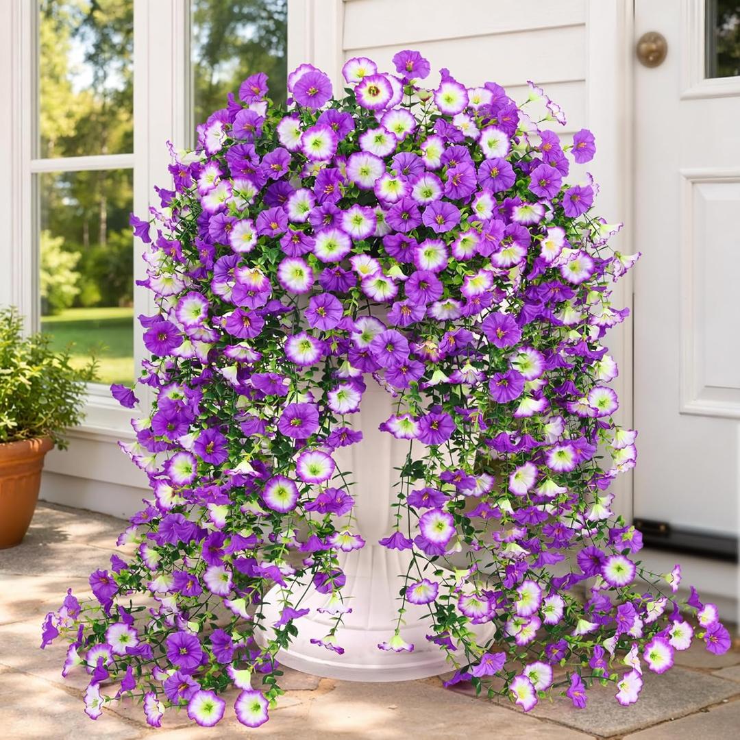 Artificial Hanging Flowers for Outdoors, Fake Hanging Flowers for Decoration, UV Resistant Artificial Outdoor Plants, 2 Pcs Morning Glory for Outdoors Garden Patio Porch Yard Decor, Purple&Purple Edge