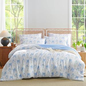 Blue Bow Comforter Set Queen 3Pcs Blue Floral Bedding Set for Girls Kids Romantic Princess Style Bowknot Bedding Ultra Soft Reversible Garden Flower Comforter Sets with 2 Pillowcases (Queen(90" x 90"))