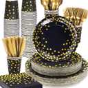 Lzerking 364 PCS Black and Gold Party Supplies, 52 Sets of Disposable Dinnerware Includes Paper Plates Cups Napkins, Plastic Knives Forks Spoons, Ideal for Birthday Graduation Wedding Festivals