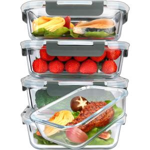 M MCIRCO [5-Packs, 36 Oz Glass Meal Prep Containers with Snap Locking Lids Glass Food Containers,Airtight Lunch Container,Microwave, Oven, Freezer and Dishwasher (4.5 Cup) (Gray)