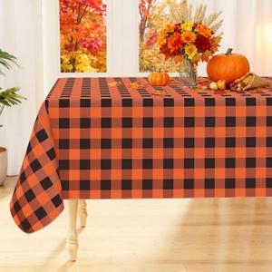 Smiry Rectangle Table Cloth, Waterproof Vinyl Tablecloth with Flannel Backing, Wipeable Buffalo Plaid Table Cover for Dining, Indoor and Outdoor (Orange & Black, 52"x70")